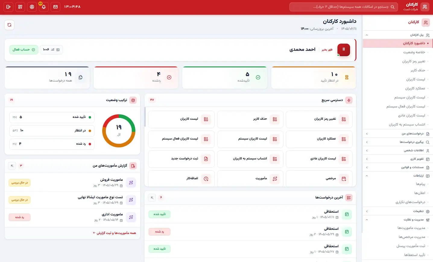 داشبورد سیستم کارکنان الگوریتم برتر (نرم افزار پرسنلی)؛ مانده مرخصی، وضعیت درخواست‌ها و فیش حقوقی کارکنان